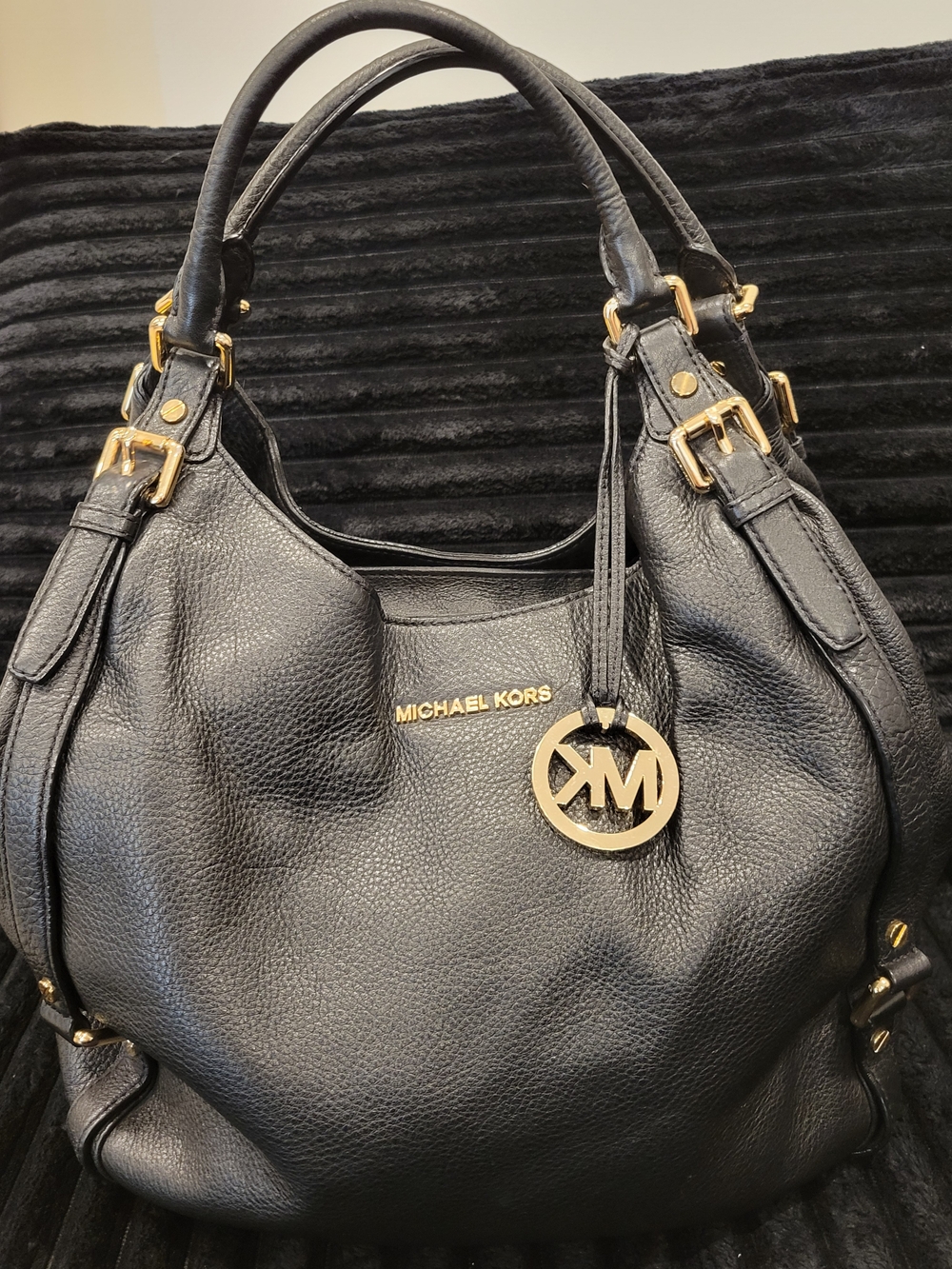 Michael Kors Black Leather Shoulder Bag with Gold Hardware